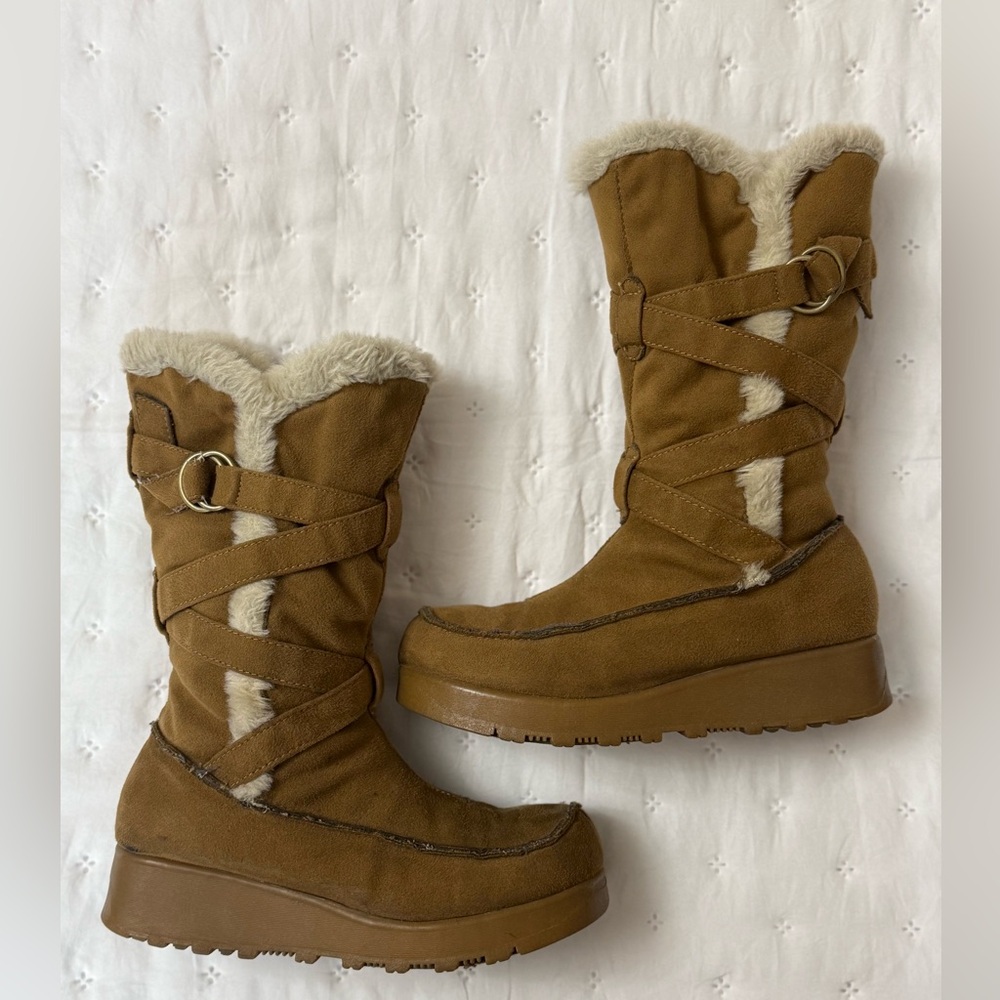 Vintage 90s No Boundaries Platform Boots Size 7 Fur Trimmed Strappy Fall Rare - Picture 7 of 16